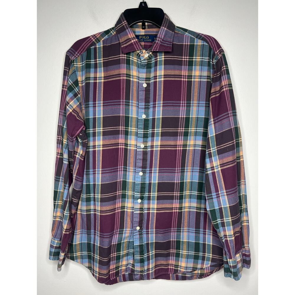 Polo Ralph Lauren Flannel‎ Button Down Shirt Plaid Purple Blue Yellow Men's XL